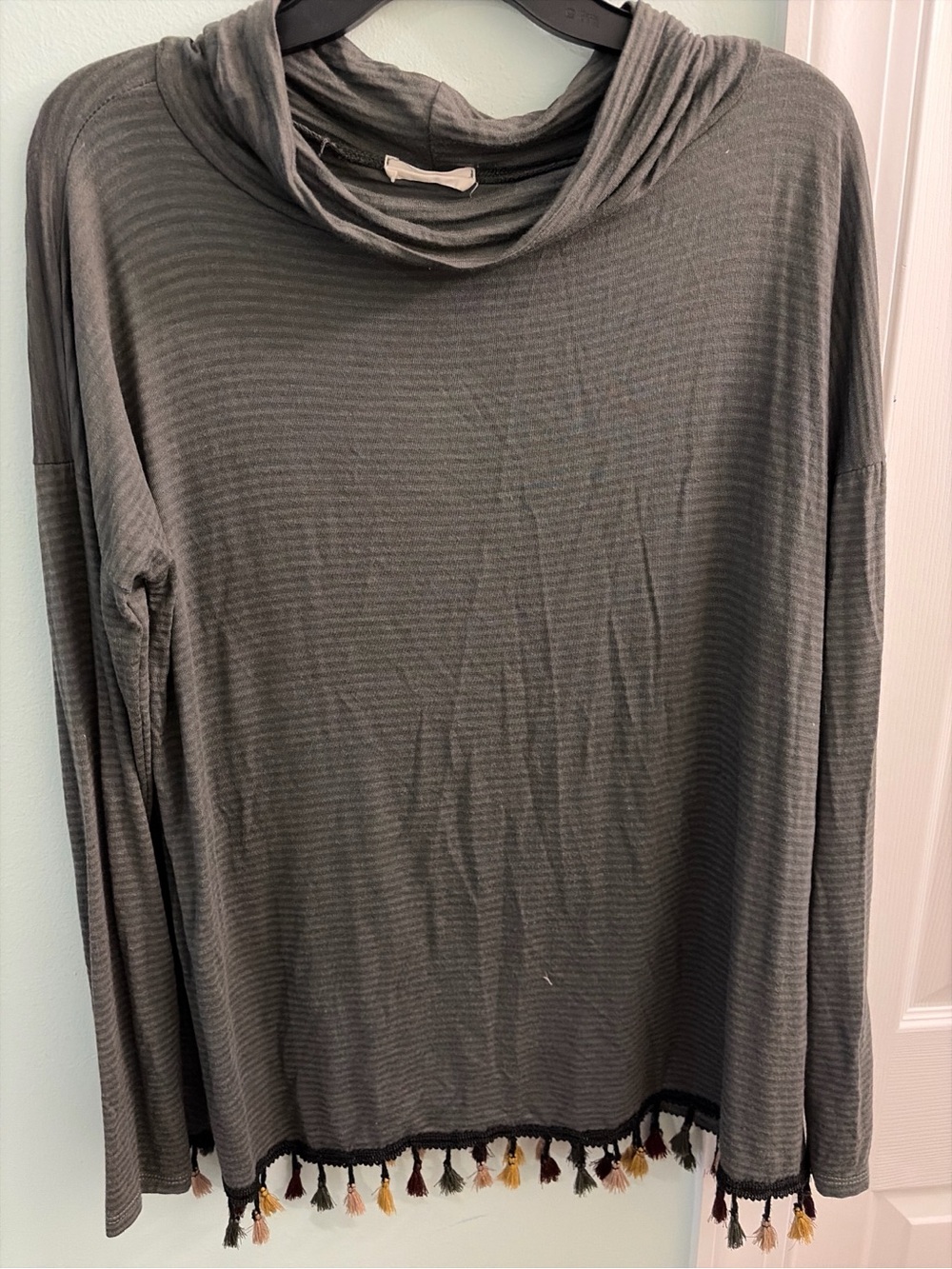 Long Sleeve Tassel Hem Cowl Neck Top - Olive Gray
